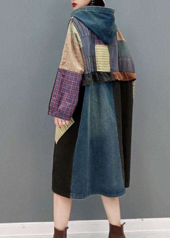 WW | Blaue Knopf Kapuzen Taschen Patchwork Denim Mäntel