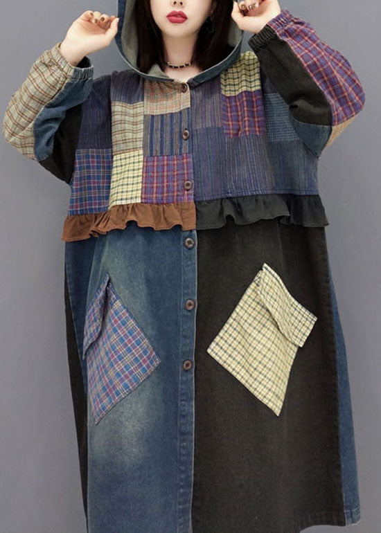 WW | Blue Button Hooded Pocket Patchwork Denim Coats