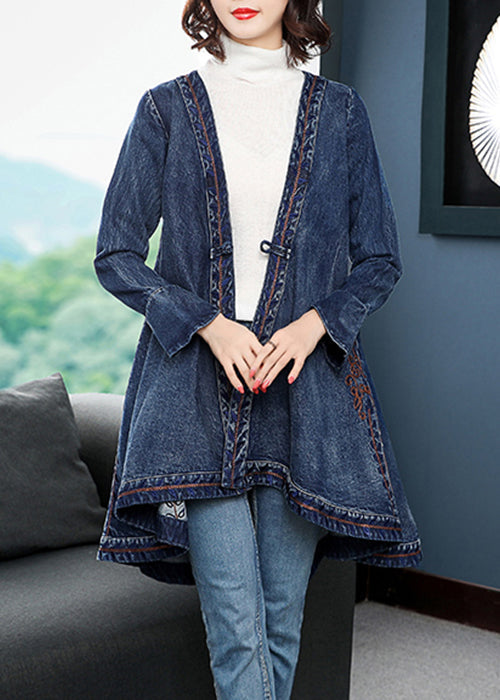 WW | Blaue Low High Design V-Ausschnitt bestickte Baumwolle Denim Trenchcoats Langarm