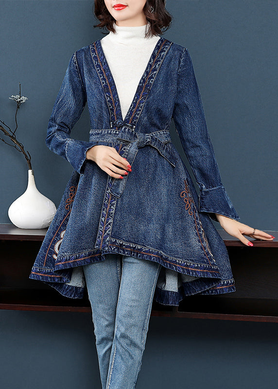 WW | Blaue Low High Design V-Ausschnitt bestickte Baumwolle Denim Trenchcoats Langarm