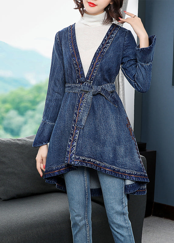 WW | Blaue Low High Design V-Ausschnitt bestickte Baumwolle Denim Trenchcoats Langarm