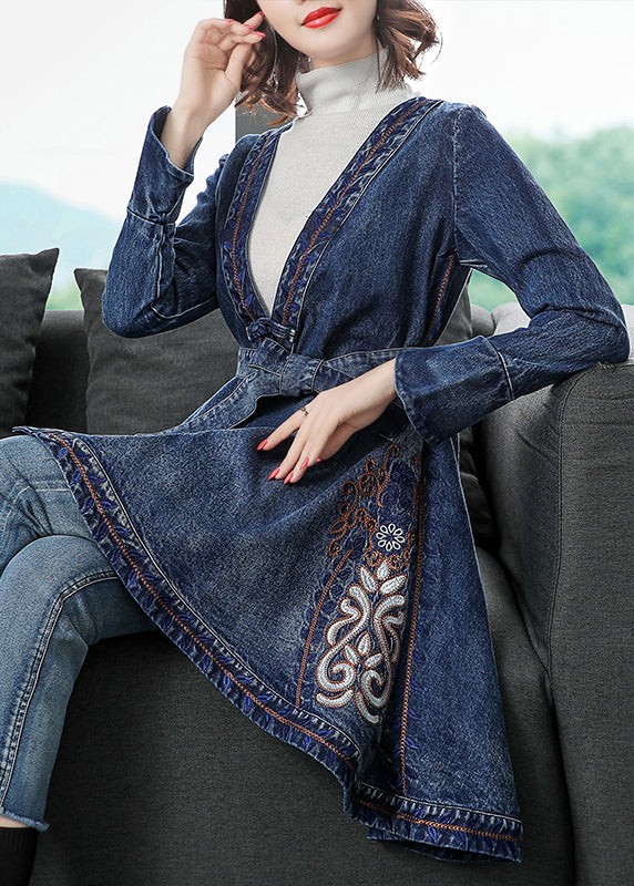WW | Blaue Low High Design V-Ausschnitt bestickte Baumwolle Denim Trenchcoats Langarm