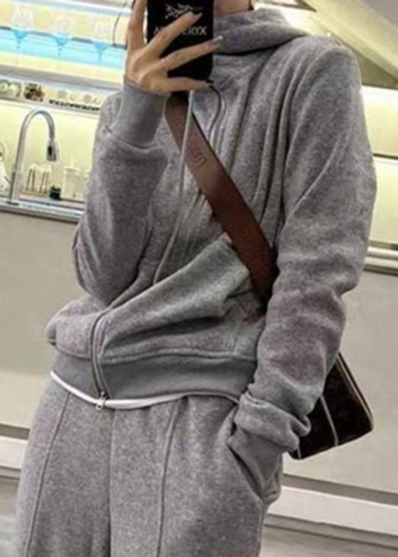 WW | Grey Hooded Cape and Straight Trousers Two-Piece Set Long Sleeve