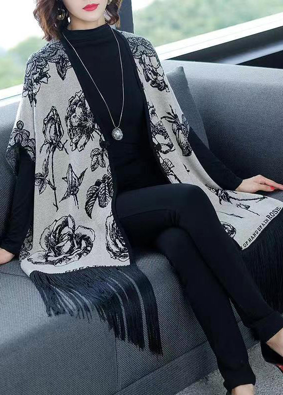 WW | Gray V-Neck Fringe Print Patchwork Cardigans