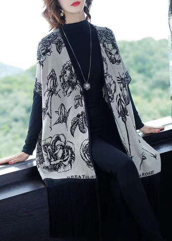WW | Gray V-Neck Fringe Print Patchwork Cardigans