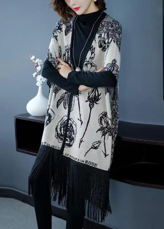 WW | Gray V-Neck Fringe Print Patchwork Cardigans