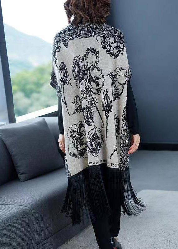 WW | Gray V-Neck Fringe Print Patchwork Cardigans