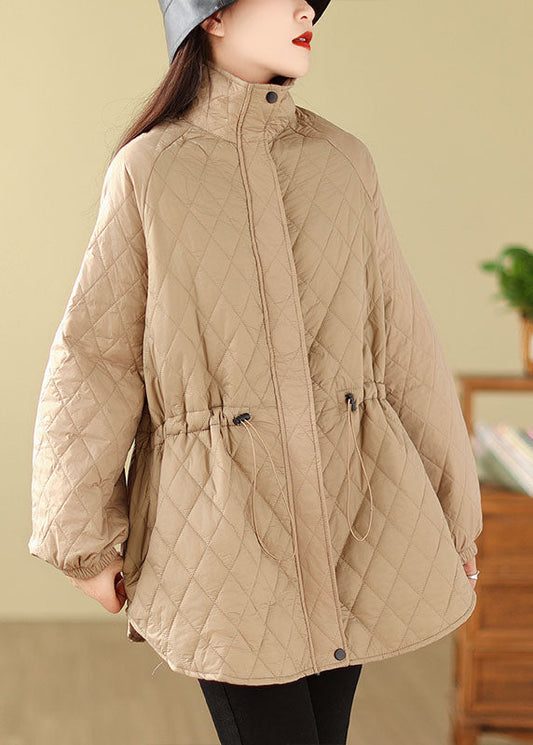 WW | Khaki Stehkragen Kordelzug Reißverschlusstaschen Einfarbige Parkas Mäntel Winter