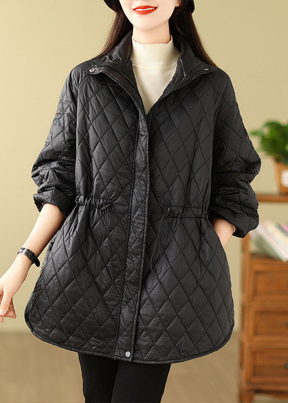 WW | Khaki Stand Collar Drawstring Zip Pockets Solid Color Parka Coats Winter