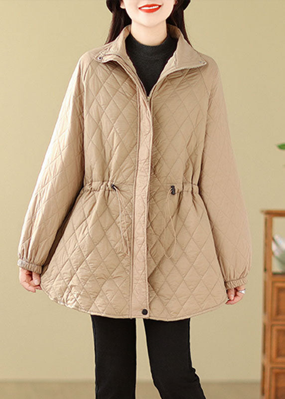 WW | Khaki Stand Collar Drawstring Zip Pockets Solid Color Parka Coats Winter