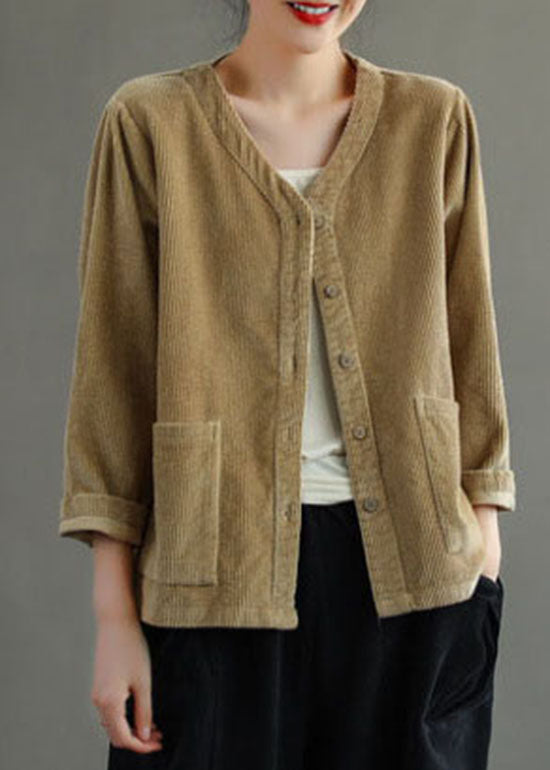 WW | Khaki Button V-neck Corduroy Jackets