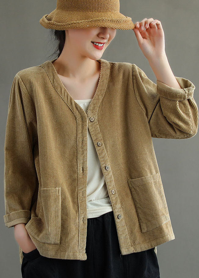 WW | Khaki Button V-neck Corduroy Jackets