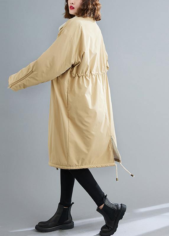 WW | Loose-fitting midi-length coats khaki Square collar with drawstring Wool coats