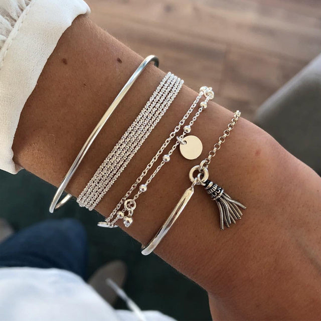 WW | Elegant Layered Silver Bracelet Set for Women