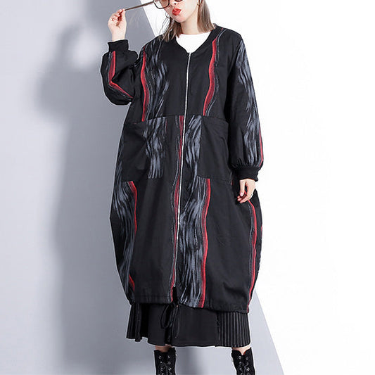 WW | schwarzer Druckmantel übergroße Stehkragen Cardigans Elegante taillierte baggy Mäntel