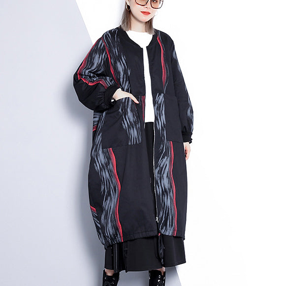 WW | black print coat oversized stand-up collar cardigans Elegant tailored baggy coats