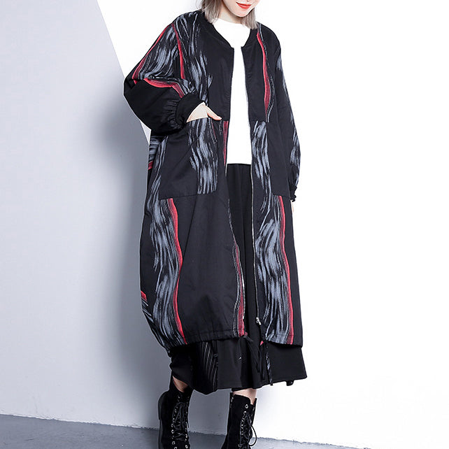 WW | black print coat oversized stand-up collar cardigans Elegant tailored baggy coats