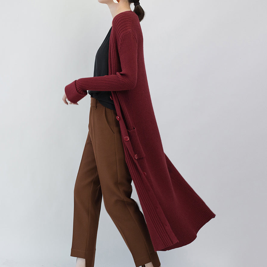WW | burgundy maxi coat collarless V-neck long coat fine pocket coats