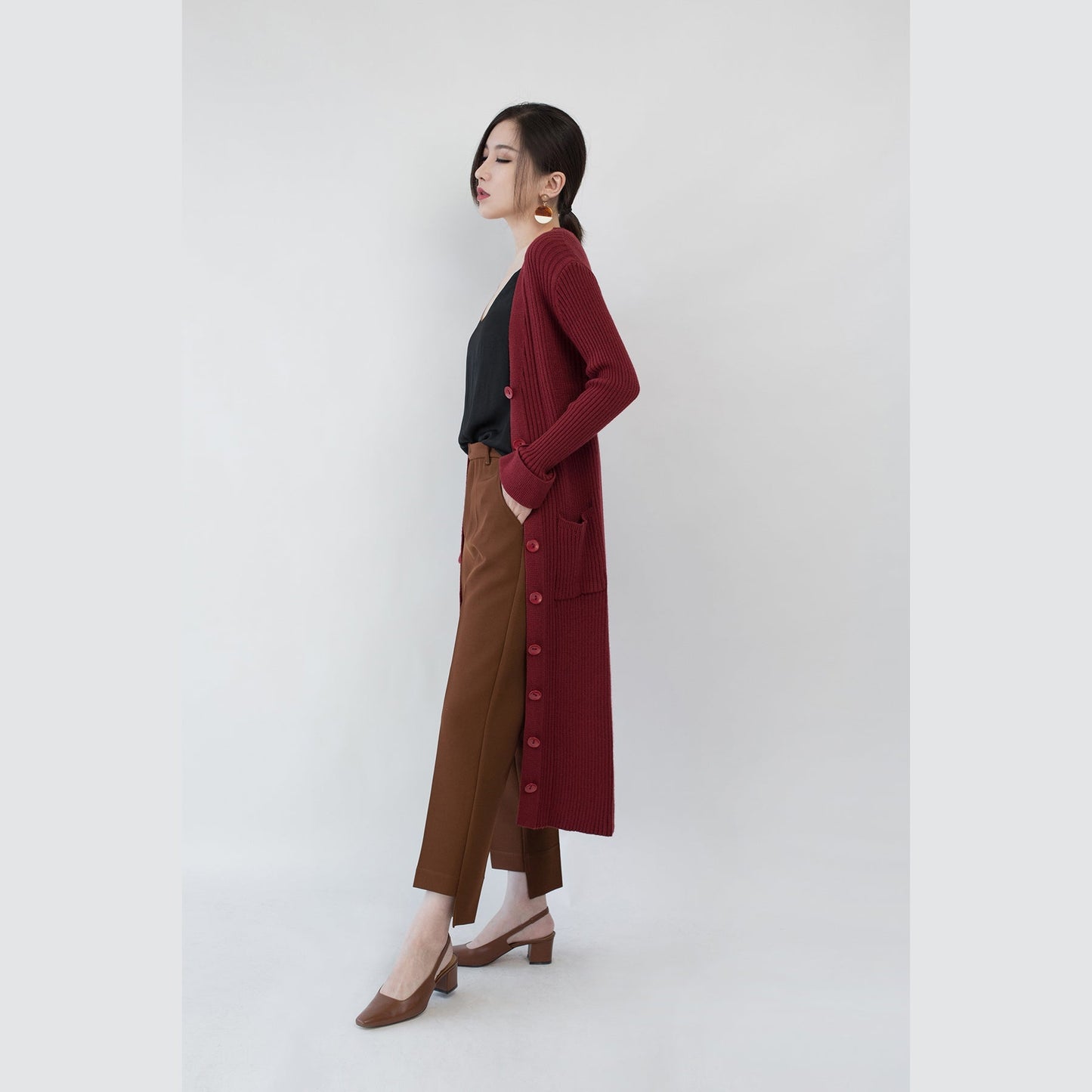 WW | burgundy maxi coat collarless V-neck long coat fine pocket coats