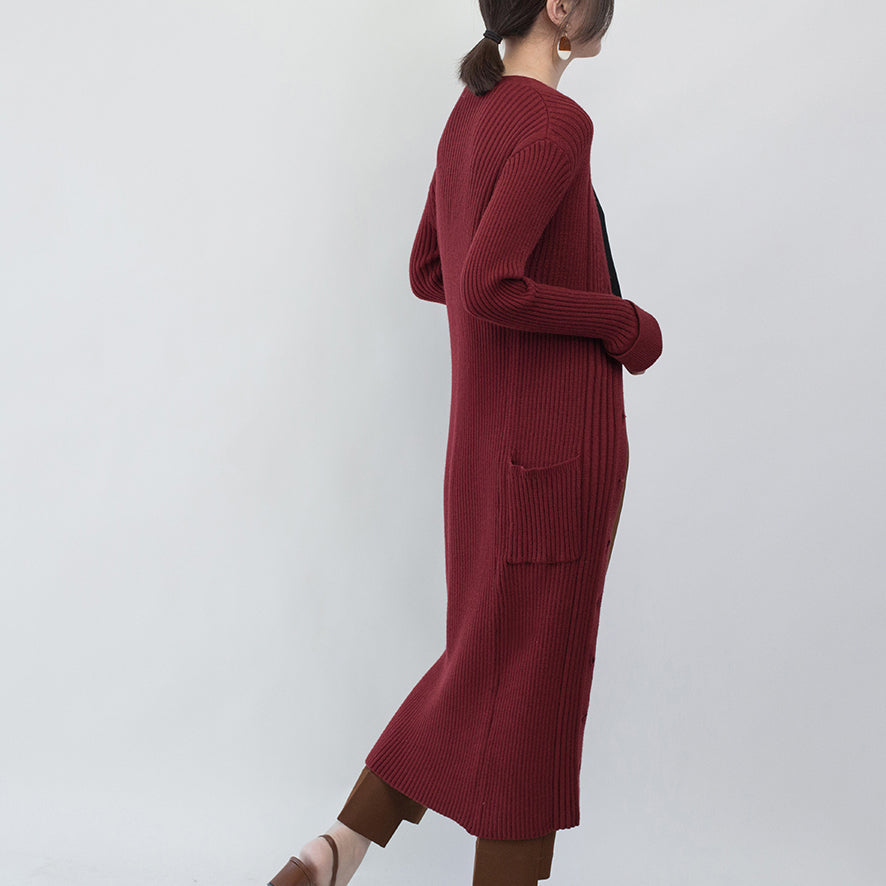 WW | burgundy maxi coat collarless V-neck long coat fine pocket coats