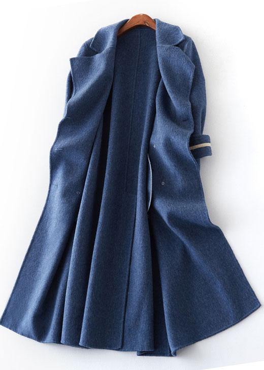 WW | übergroßer langer Wintermantel Doppelbrust-Outwear Denim Blau Eingekerbte Wolle Jacken