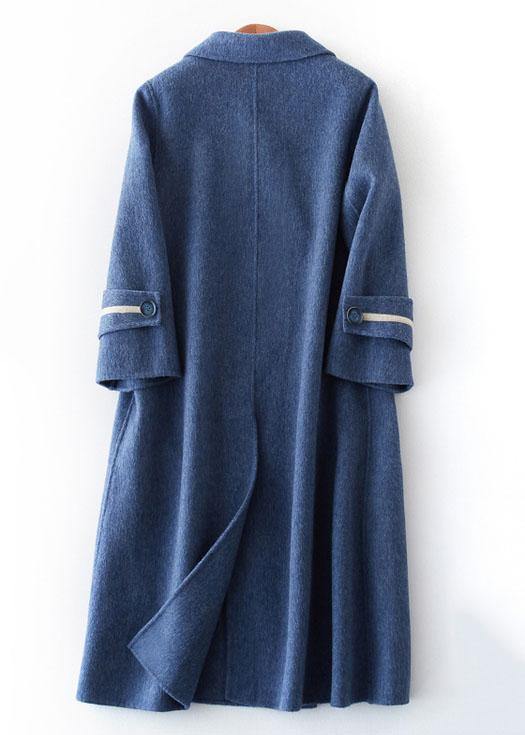WW | übergroßer langer Wintermantel Doppelbrust-Outwear Denim Blau Eingekerbte Wolle Jacken