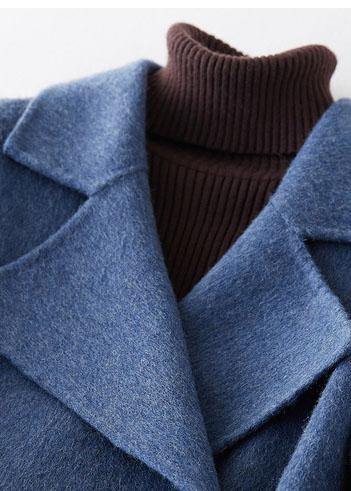 WW | übergroßer langer Wintermantel Doppelbrust-Outwear Denim Blau Eingekerbte Wolle Jacken