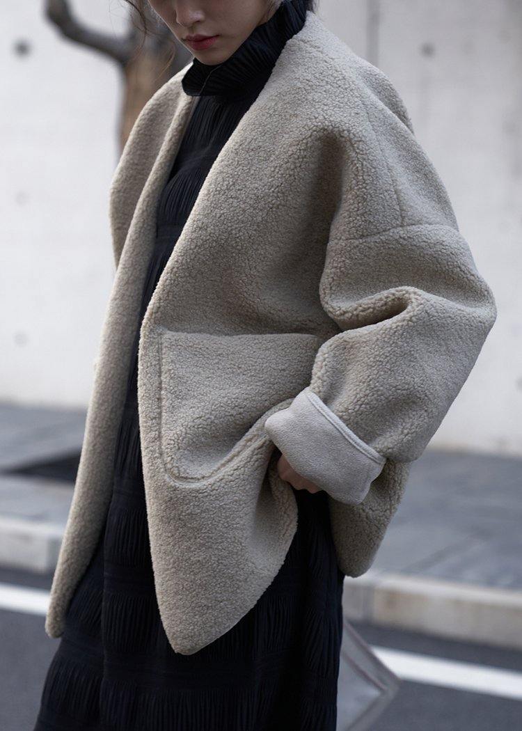 WW | Plus Size Clothing Coats Women Coats nude V-neck Pockets Wool Coat