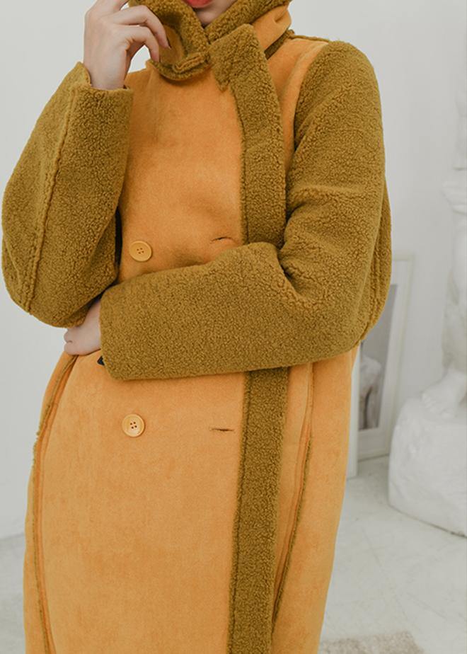 WW | Trendy Plus Size Yellow Notched Double-Breasted Wool Overcoat