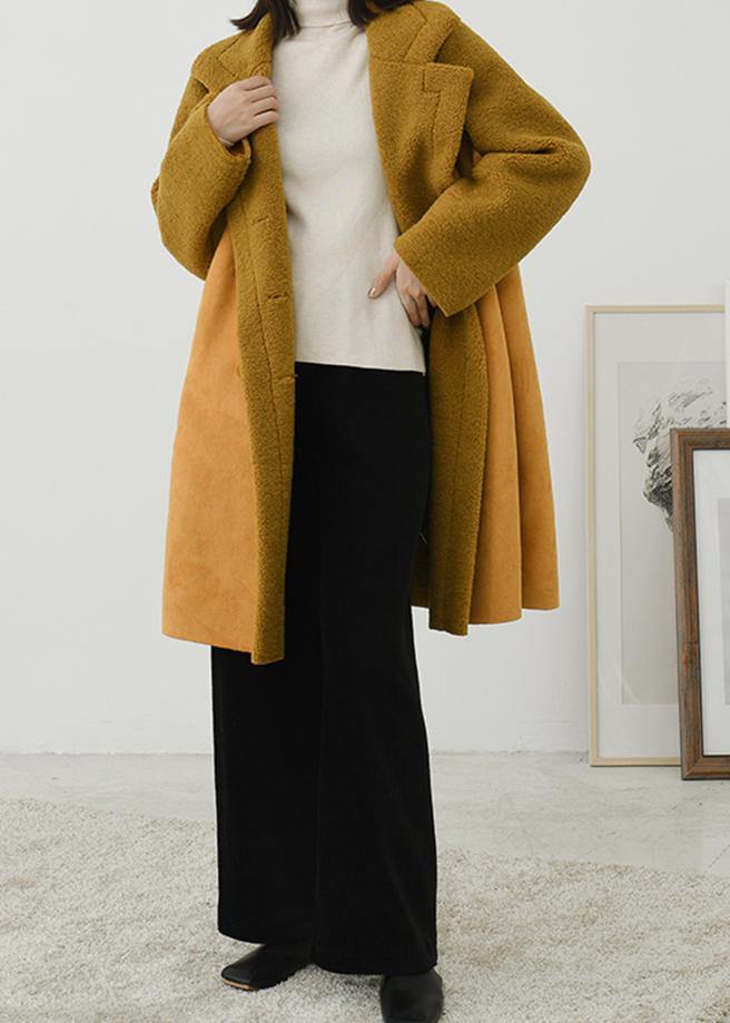WW | Trendy Plus Size Yellow Notched Double-Breasted Wool Overcoat