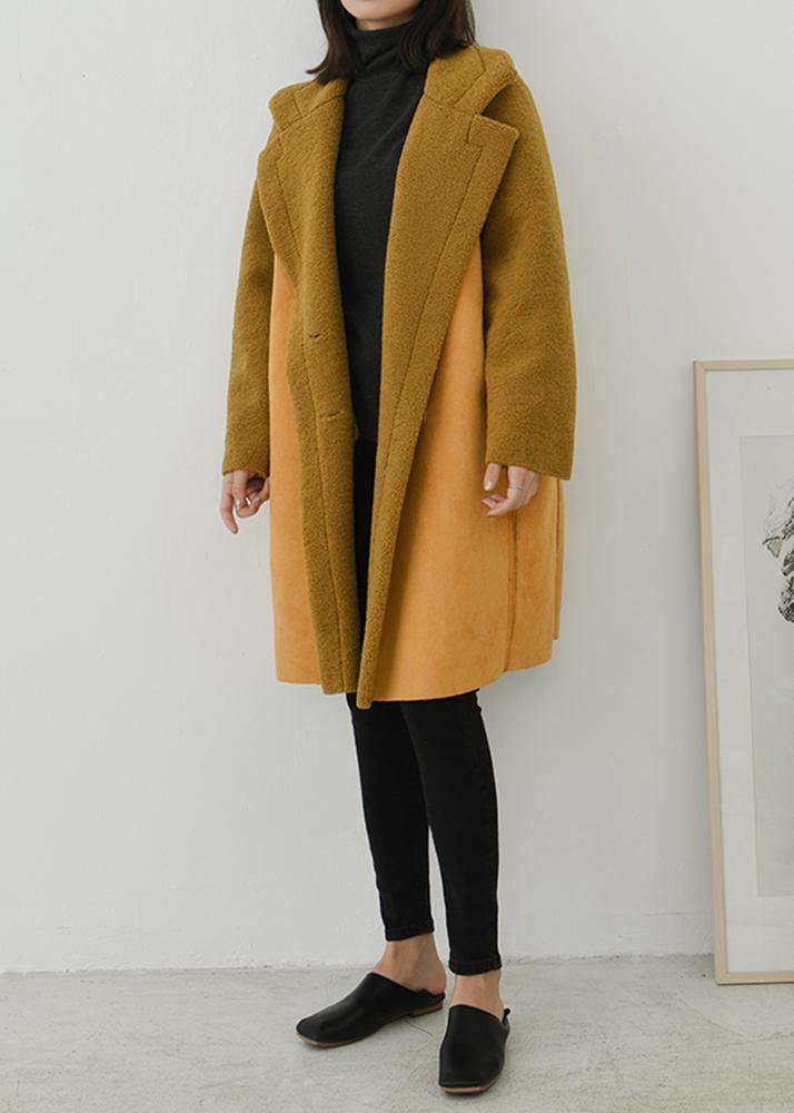 WW | Trendy Plus Size Yellow Notched Double-Breasted Wool Overcoat