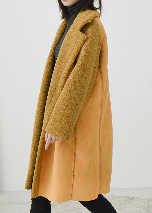 WW | Trendy Plus Size Yellow Notched Double-Breasted Wool Overcoat