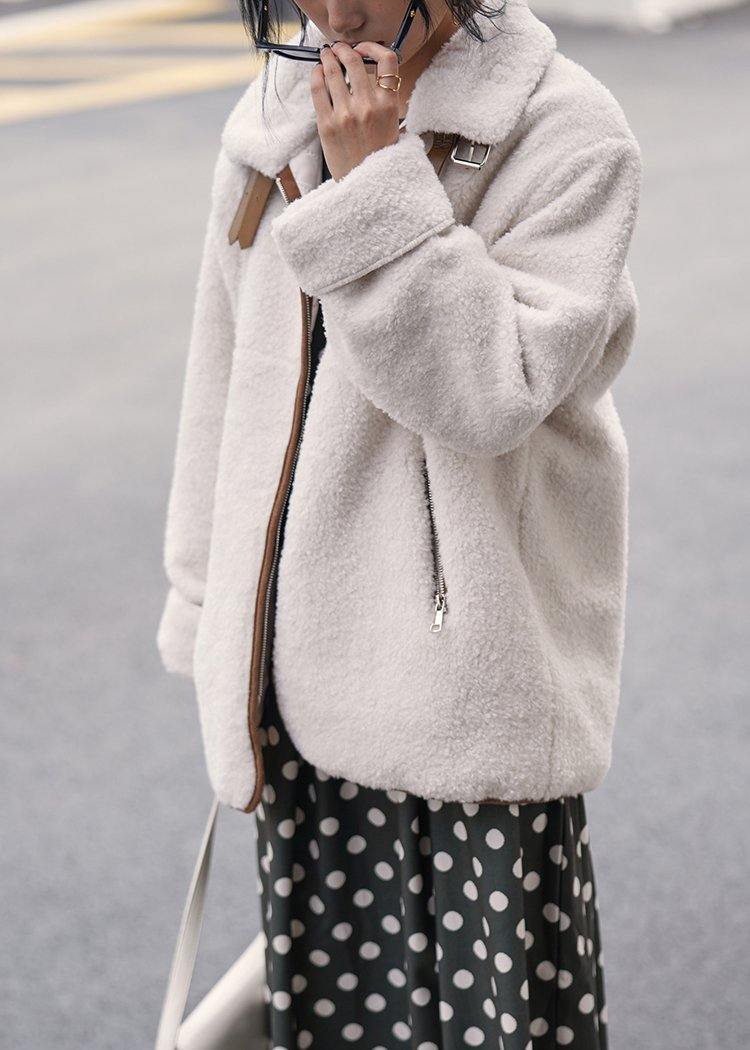 WW | White Wool Coat for Women Loose Fitting Coats with Zipper and Lapel Jackets