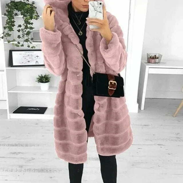 WW | Pelzmantel Damen Winterjacke Aus Pelz mit Kapuze, Halblang