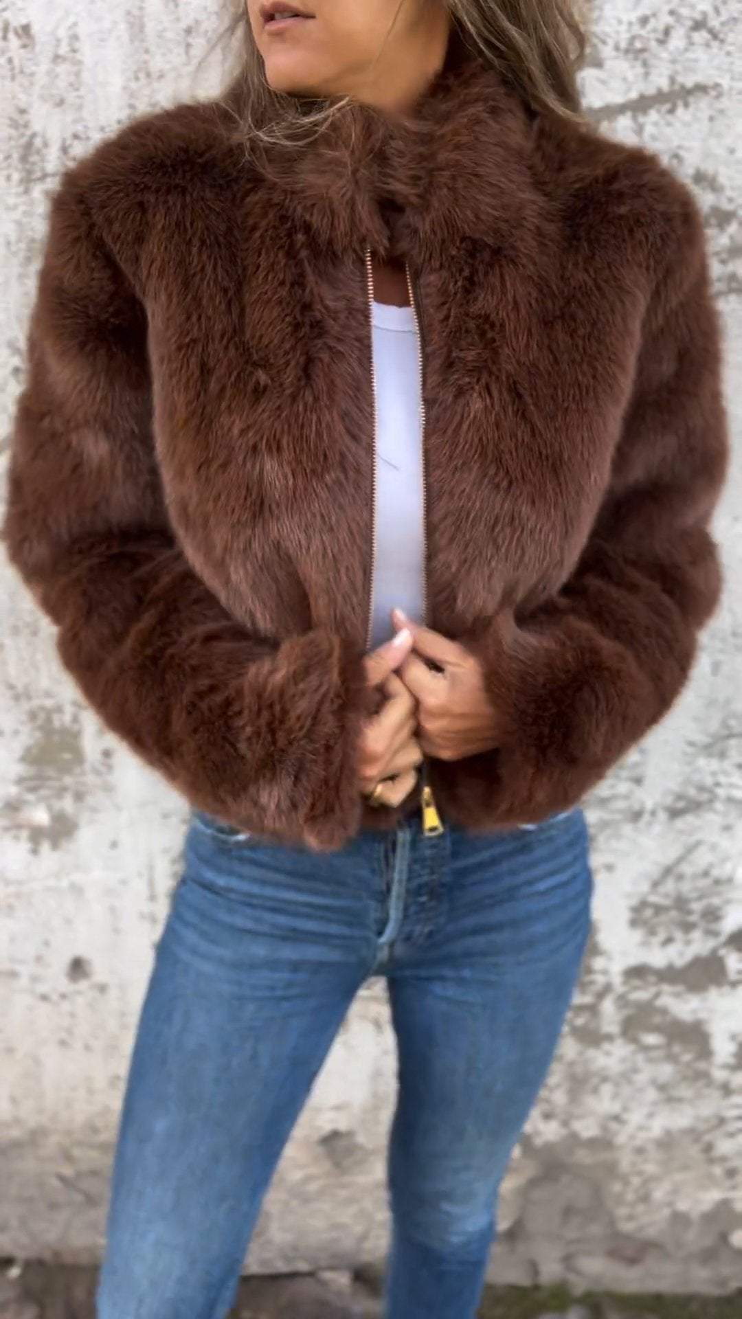WW | Jacke Kurz Reißverschluss Flauschige Jacke Damen Fake Fur Damenjacken