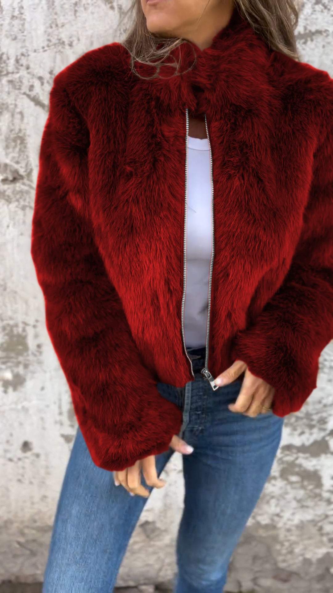 WW | Jacke Kurz Reißverschluss Flauschige Jacke Damen Fake Fur Damenjacken