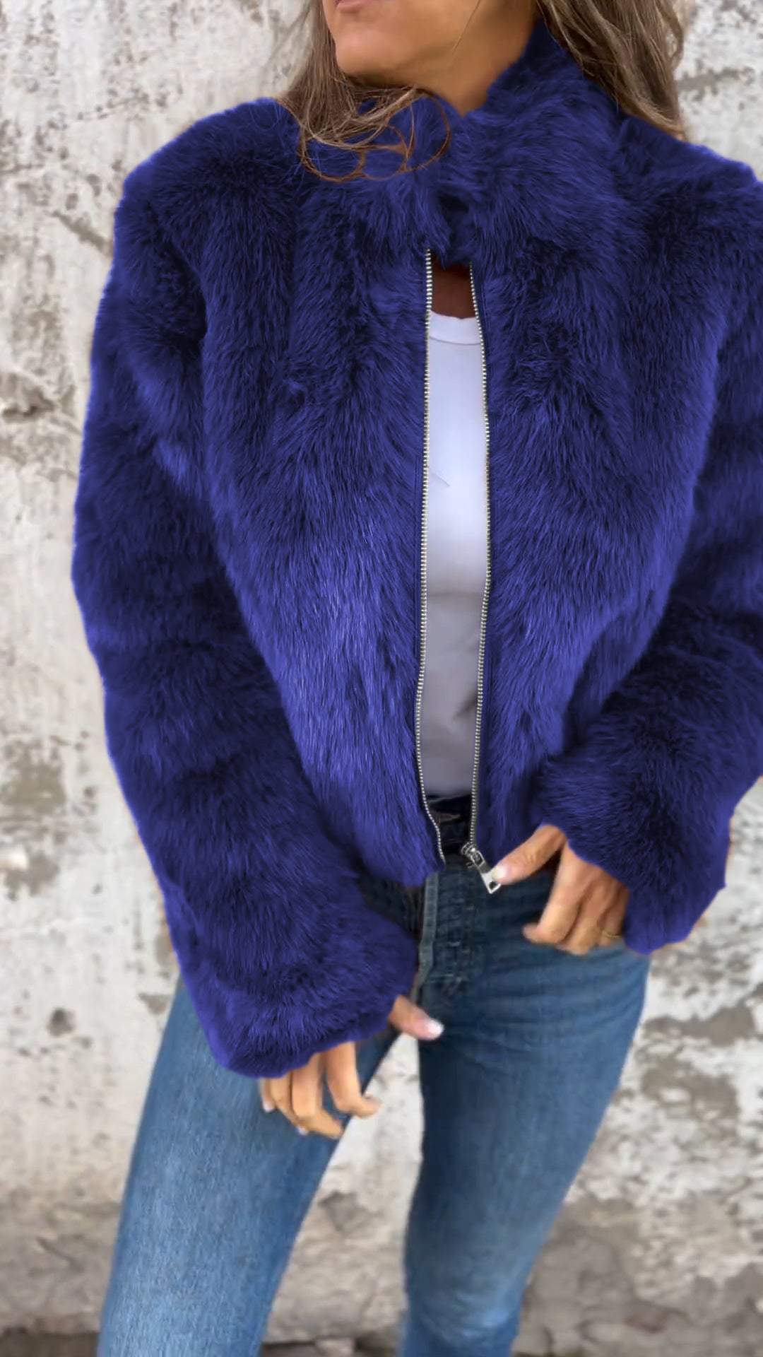 WW | Jacke Kurz Reißverschluss Flauschige Jacke Damen Fake Fur Damenjacken