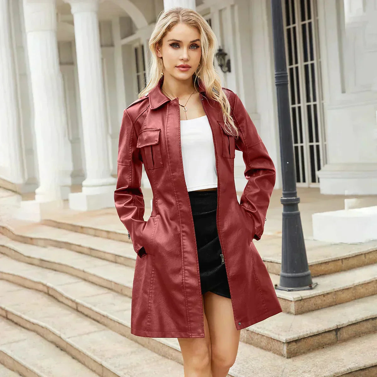 WW | Lederjacke Halb Lang Gürtel Lange Lederjacke Lederjacke Frauen