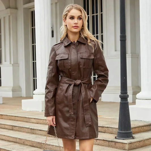 WW | Leather Jacket Mid-Length Belt Long Leather Jacket Leather Jacket Women