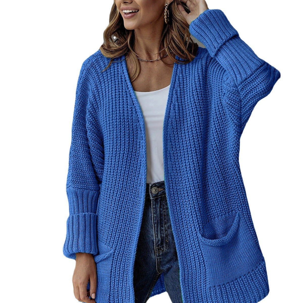 WW | Damen Offene Strickjacke mit Taschen Details und Langen Ärmeln