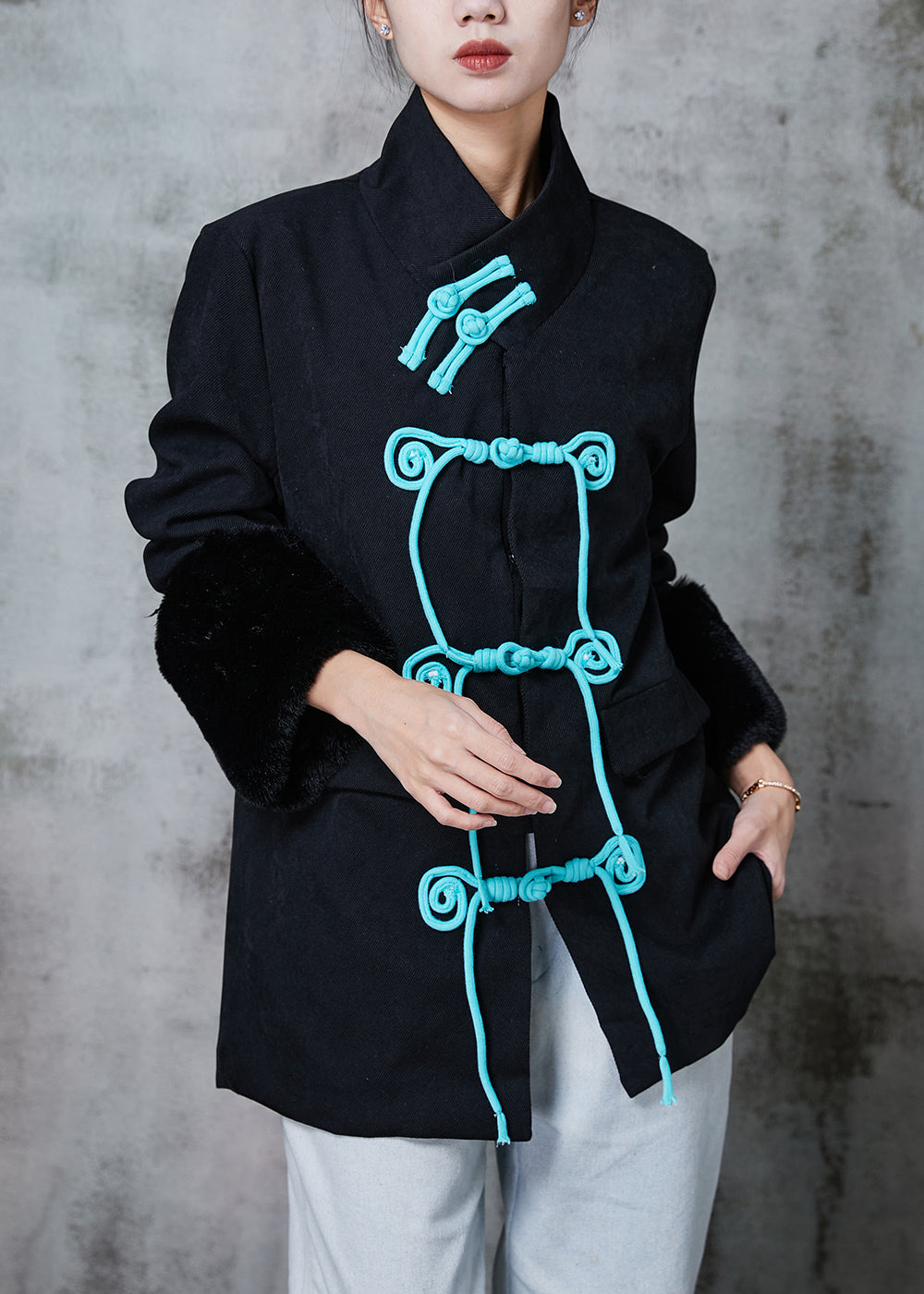 WW | Black Stand-Up Collar Patchwork Chinese Button Cotton Coats Winter