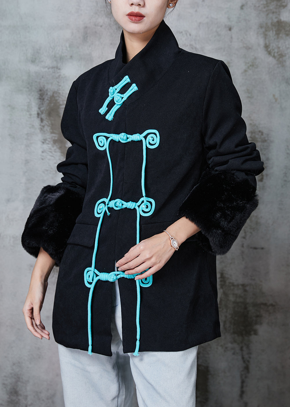 WW | Black Stand-Up Collar Patchwork Chinese Button Cotton Coats Winter