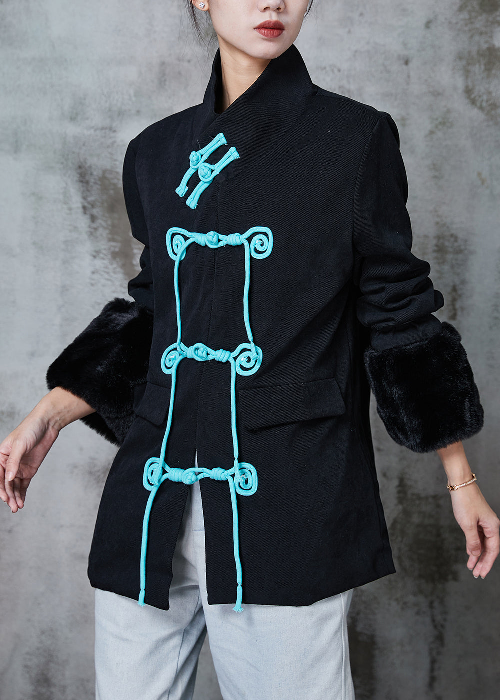 WW | Black Stand-Up Collar Patchwork Chinese Button Cotton Coats Winter