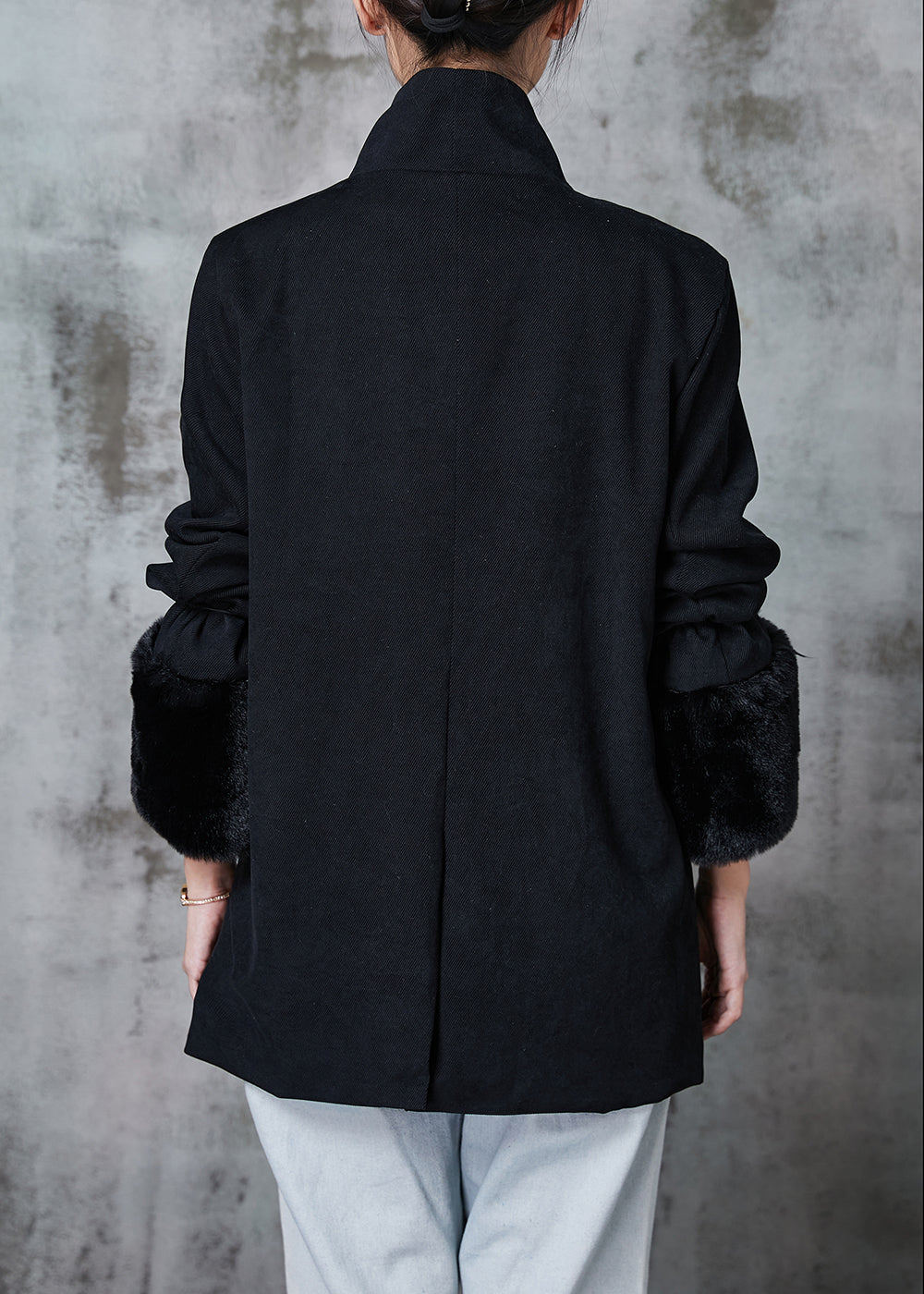 WW | Black Stand-Up Collar Patchwork Chinese Button Cotton Coats Winter