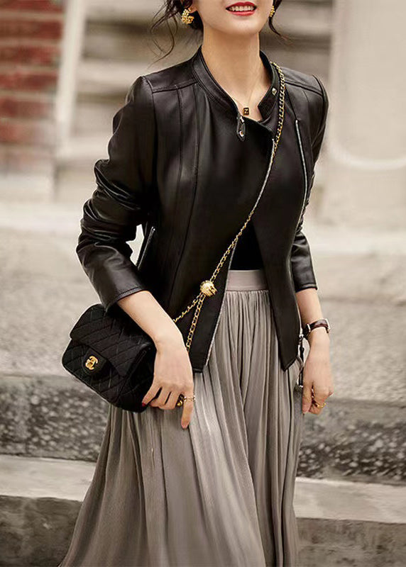 WW | Black Stand-Up Collar Zipper Pockets Patchwork Sheepskin Leather Jackets