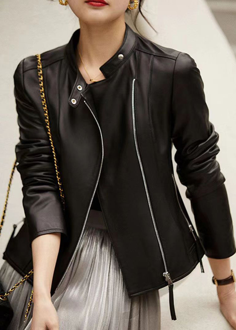WW | Black Stand-Up Collar Zipper Pockets Patchwork Sheepskin Leather Jackets