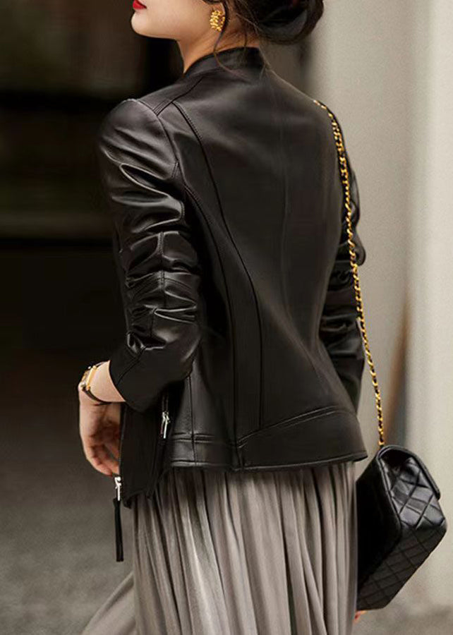 WW | Black Stand-Up Collar Zipper Pockets Patchwork Sheepskin Leather Jackets