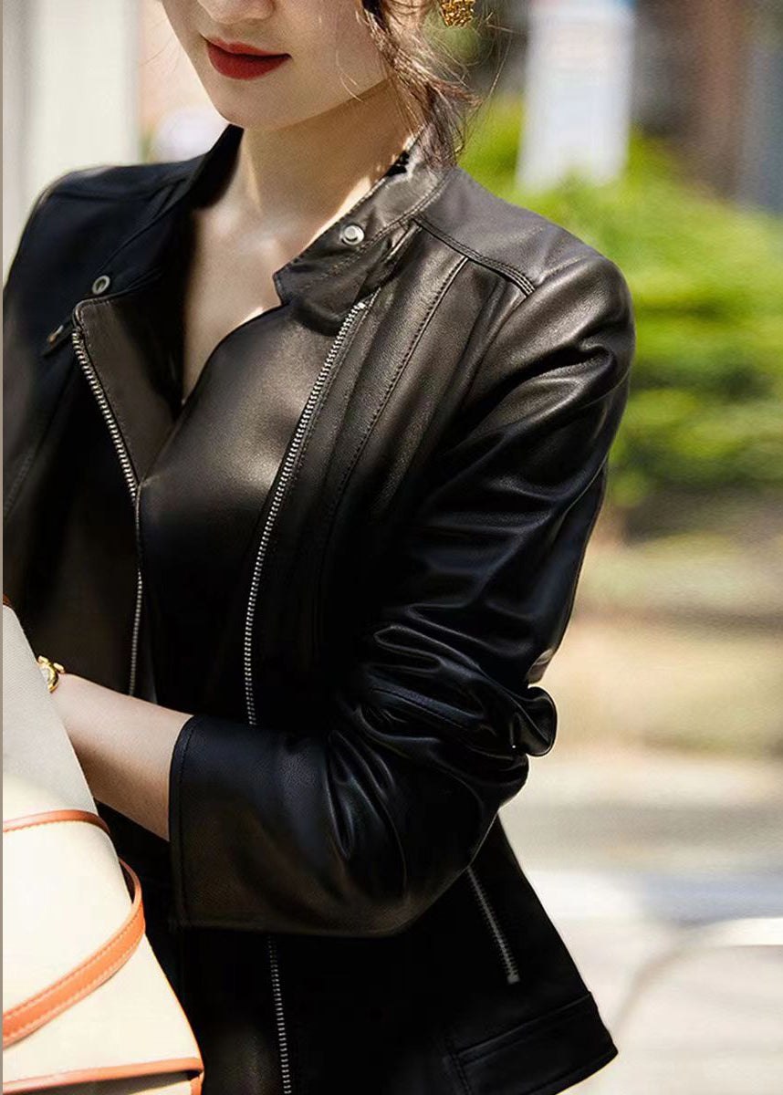 WW | Black Stand-Up Collar Zipper Pockets Patchwork Sheepskin Leather Jackets