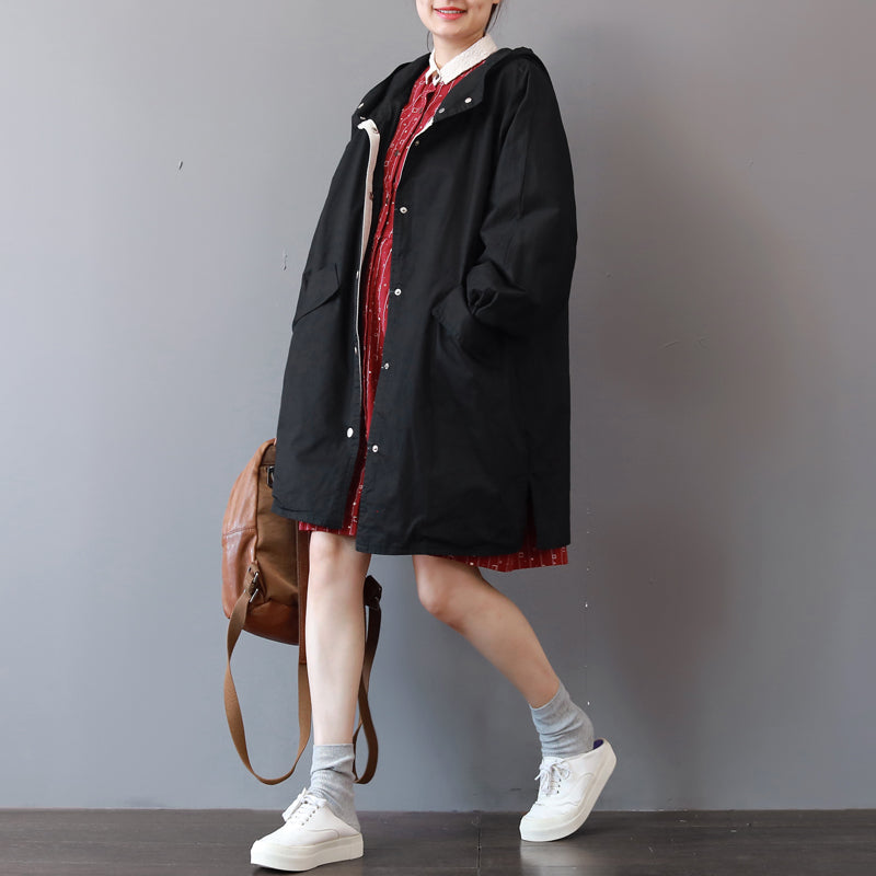 WW | schwarzer Wintermantel lockerer Kapuzenmantel Boutique große Taschen lange Jacken