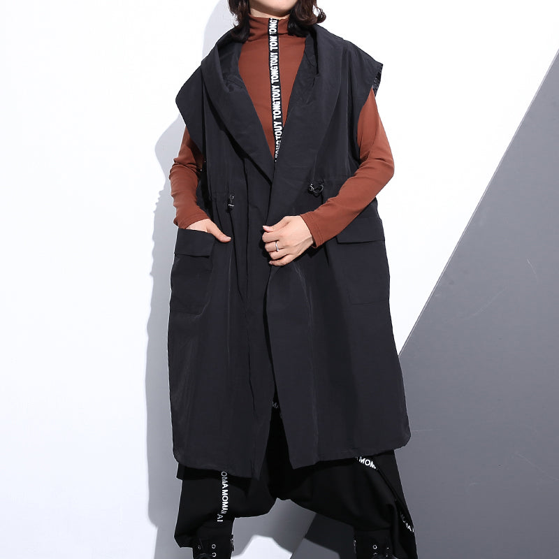 WW | Black Cotton Blend Plus Size Hooded Tie Waist Tops Elegant Sleeveless Coats